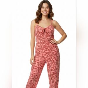 Old Navy Red Floral Cropped Wide Leg Jumpsuit Smocked Back Front Bow‎